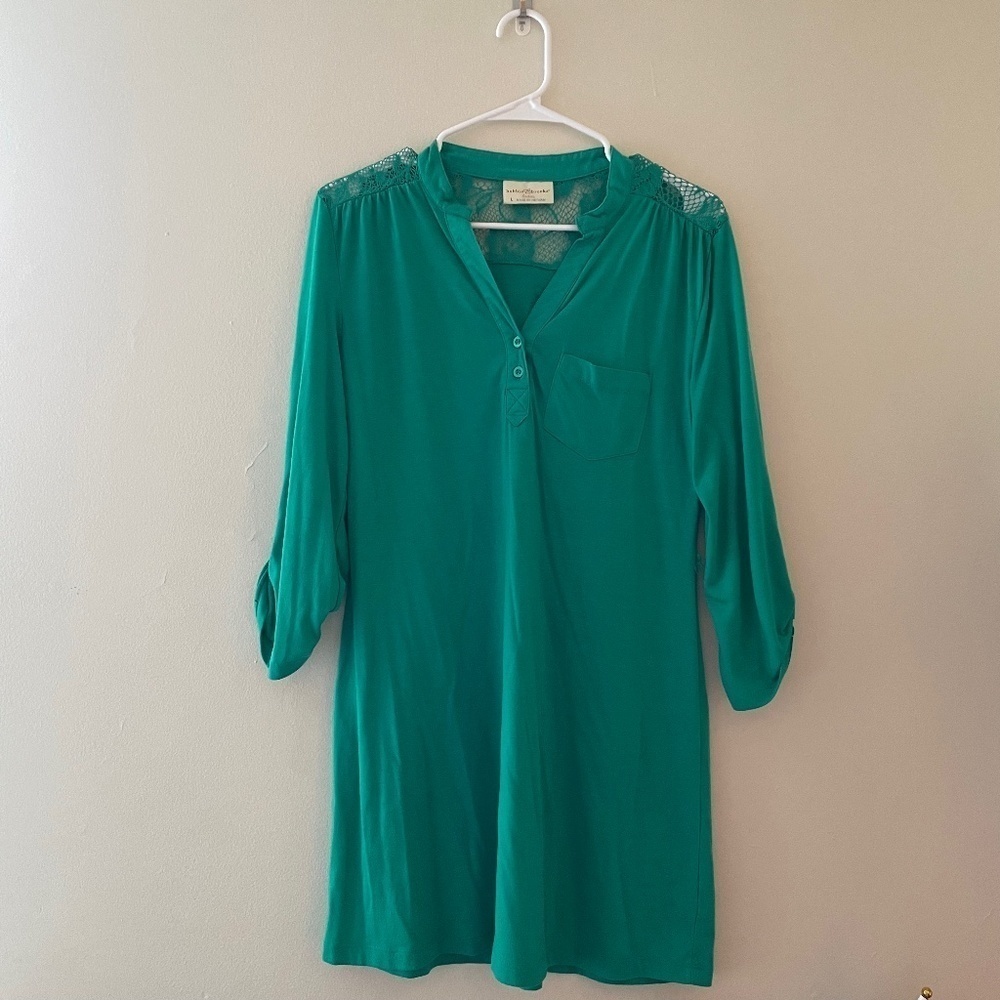 L- Bobbie Brooks Teal Green Lace Sheath Dress with 3/4 Sleeves, Classy, Casual